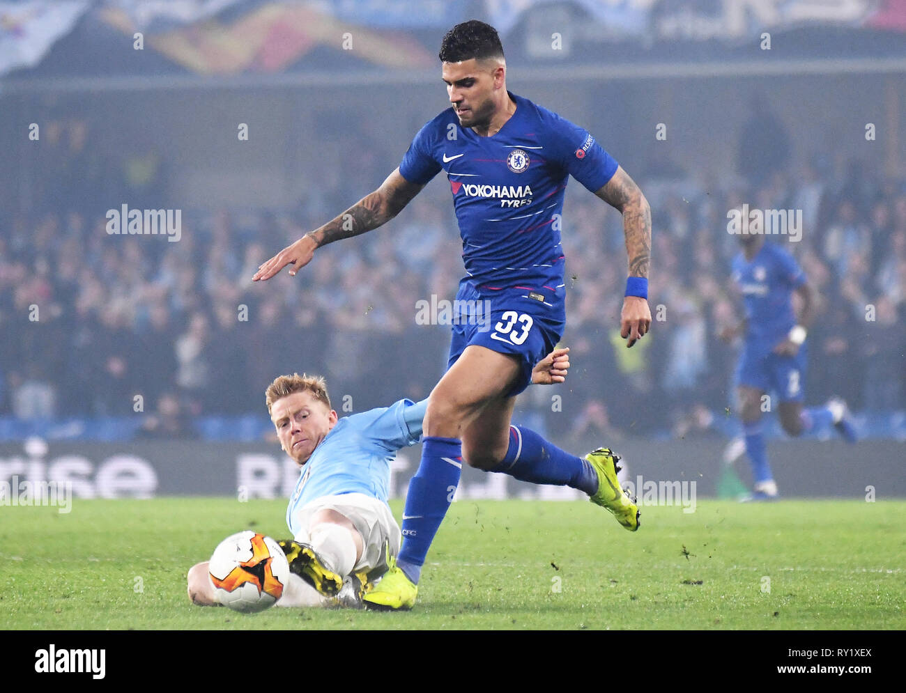 LONDON, ENGLAND - FEBRUARY 21, 2019: Emerson Palmieri dos Santos of Chelsea pictured during the second leg of the 2018/19 UEFA Europa League Round of 32 game between Chelsea FC (England) and Malmo FF (Sweden) at Stamford Bridge. Stock Photo