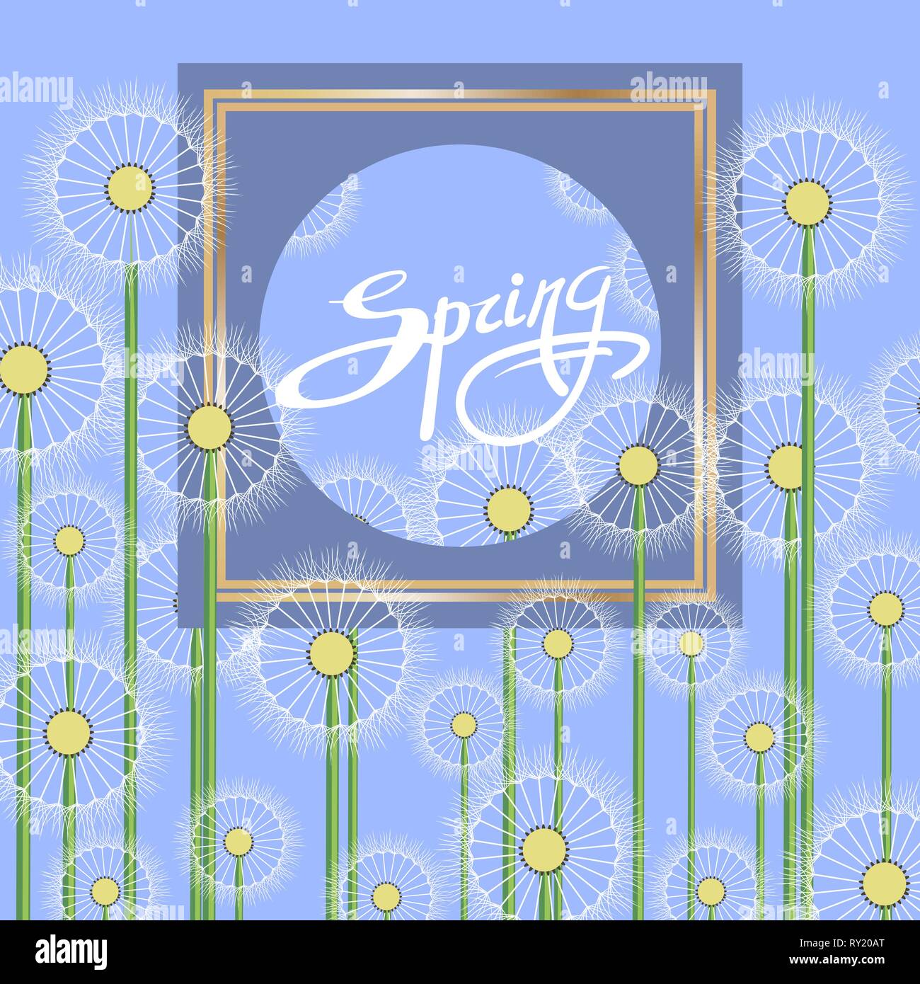 Spring Dandelion Flower Pattern with Frame and Lettering Stock Vector