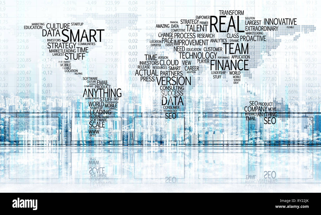 Concept of global communication - Concept Of Global Communication And Networking With World Map Over Cityscape RY22JK 