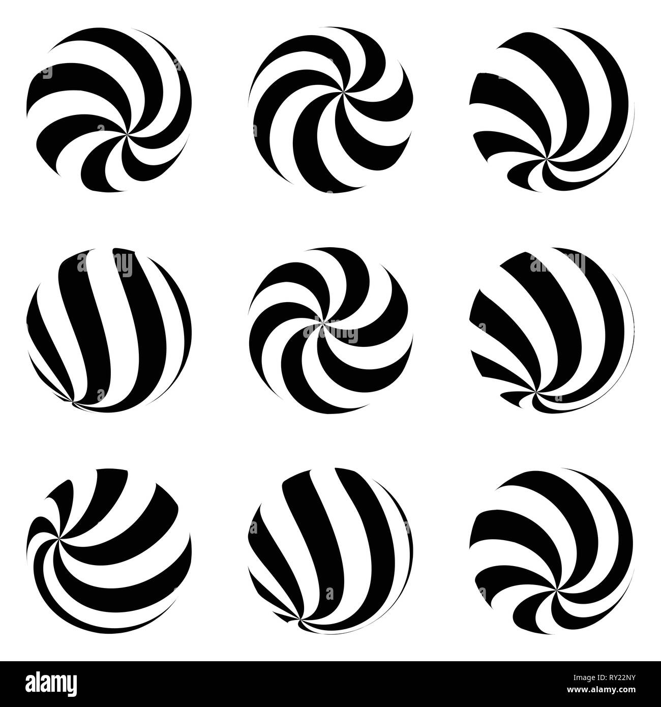 Set of minimalistic shapes. black and white spheres isolated. Stylish emblems. Vector spheres with stripes for web designs. Signs collection. Stock Vector