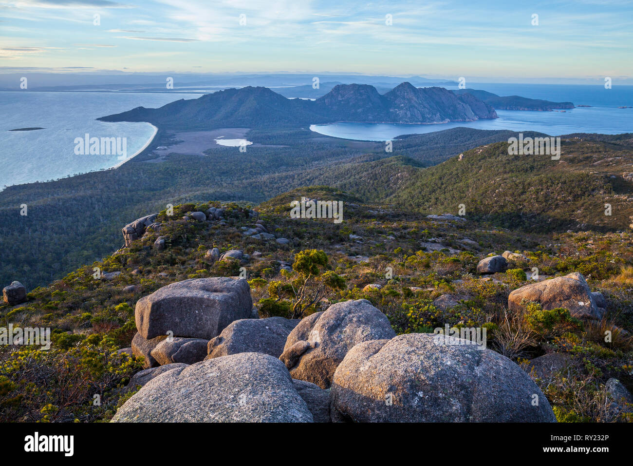 Wineglass Bay from Mt Graham- Freycinet National Park - Tasmania Stock Photo