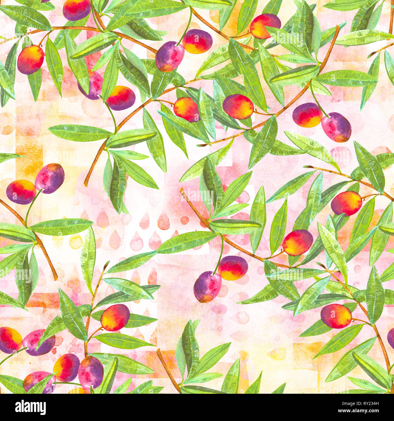 A seamless watercolor pattern of vibrant olive tree branches with ...