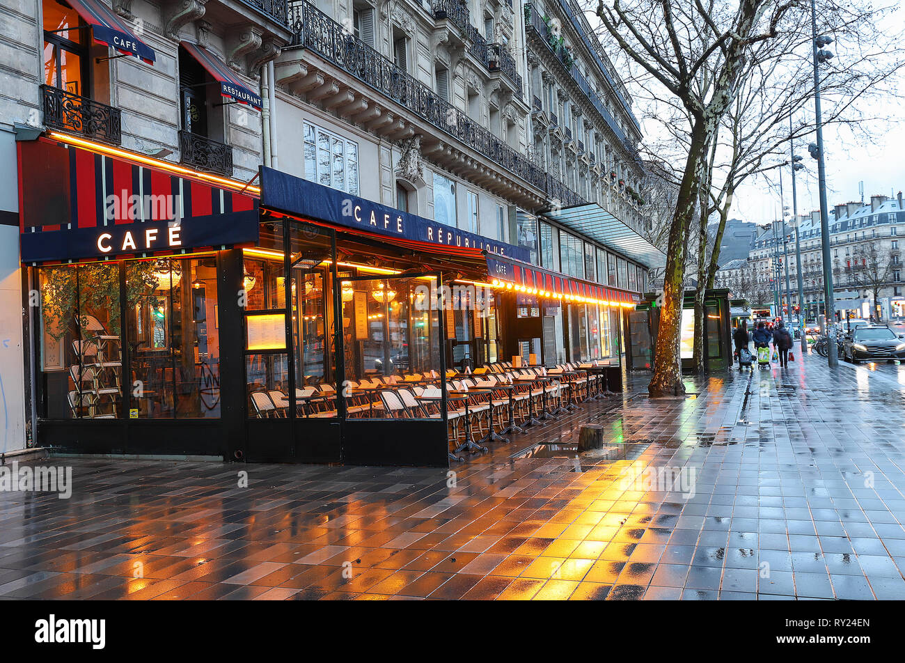 The Cafe Republique at rainy morning . It is traditional French cafe ...
