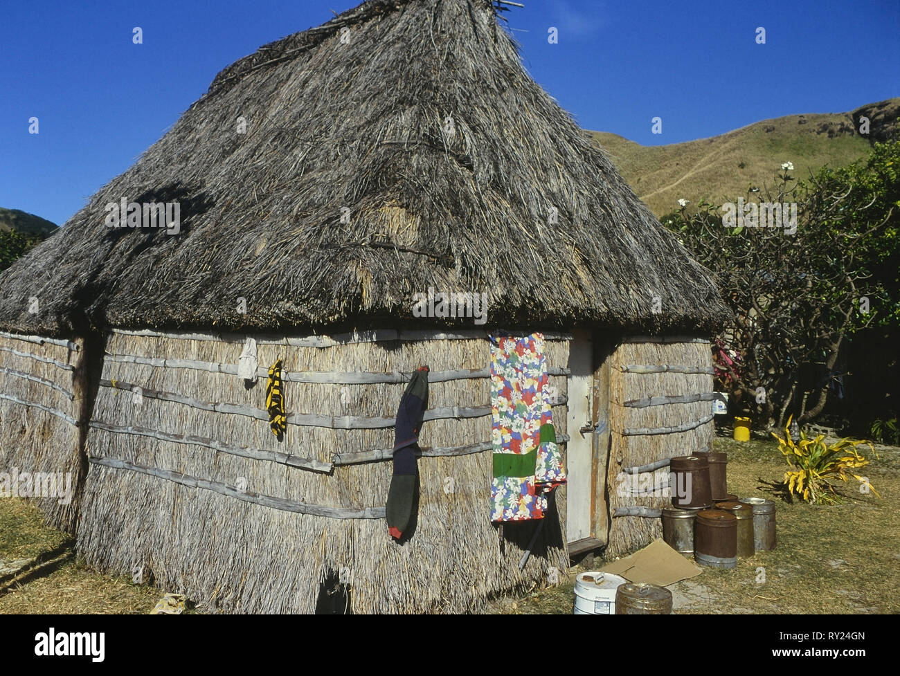 Traditional house or Bure of Malakati village, Nacula Island, Yasawa Group, Ba Province, Fiji, South Pacific Stock Photo