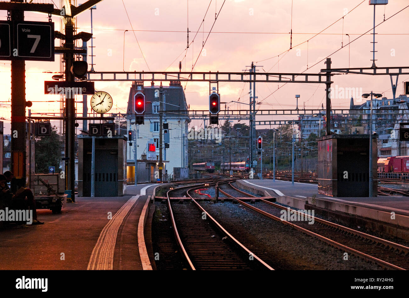 Lausanne train station, Switzerland, at sunset Stock Photo