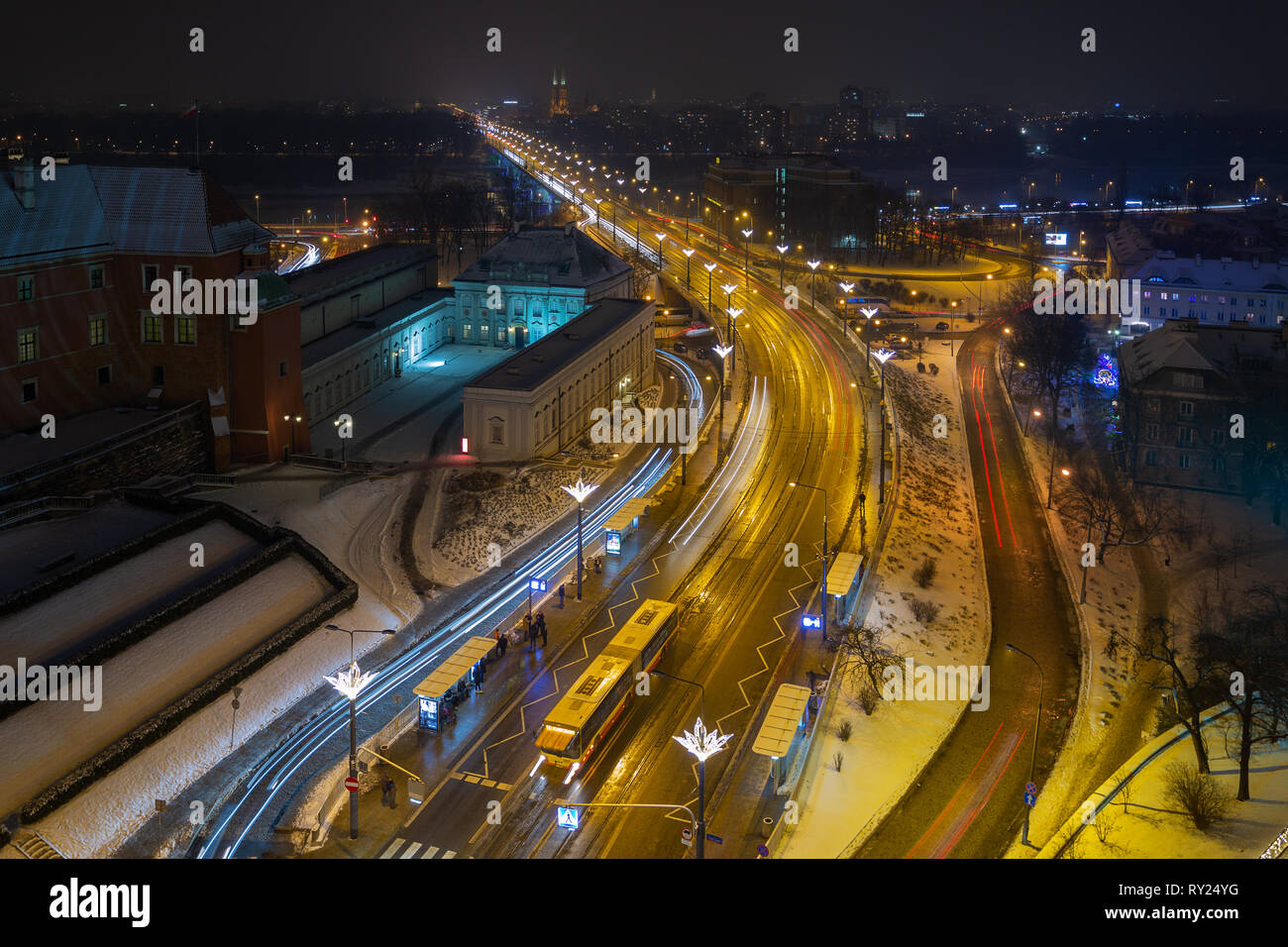 An aerial view of the city's night route in Warsaw Stock Photo