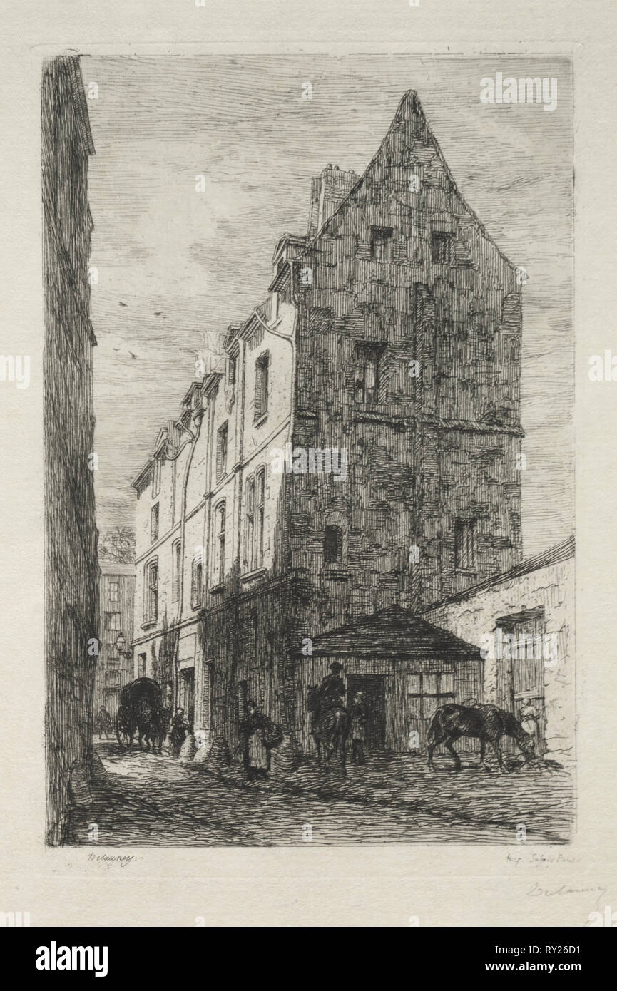 Maison dite de la Reine Blanche, Rue de Marmousets. Alfred Alexandre Delauney (French, 1830-1894). Etching Stock Photo