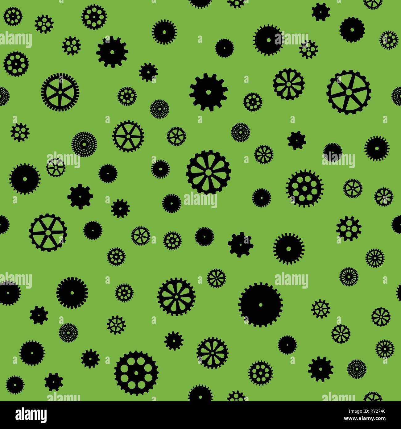 abstract vector black flat gears seamless pattern on green background Stock Vector
