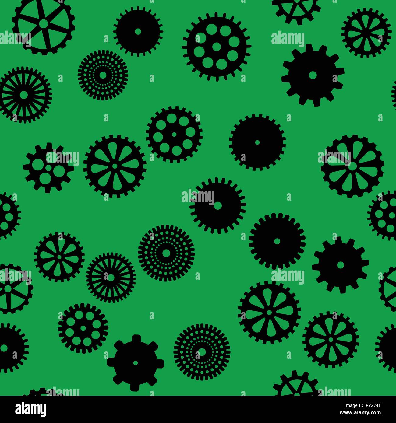 abstract vector black flat gears seamless pattern on green background Stock Vector