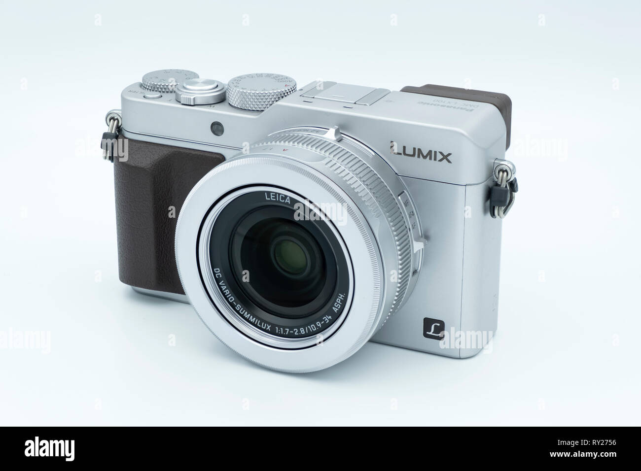 Close up of a Panasonic Lumix LX100 digital camera cut out isolated on white background Stock Photo