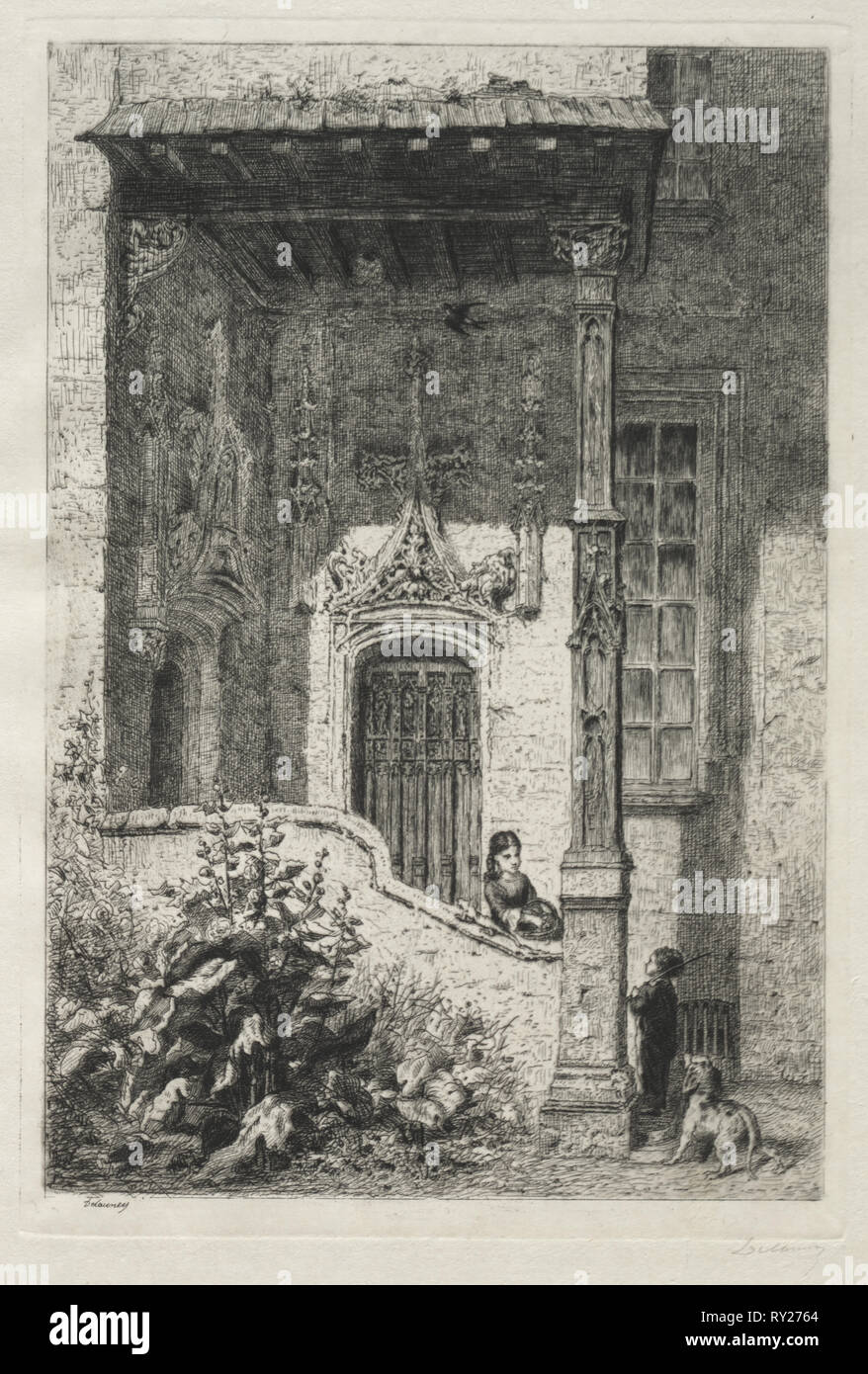 Maison dite de la Reine Blanche, Rue St. Hippolyte. Alfred Alexandre Delauney (French, 1830-1894). Etching and drypoint Stock Photo