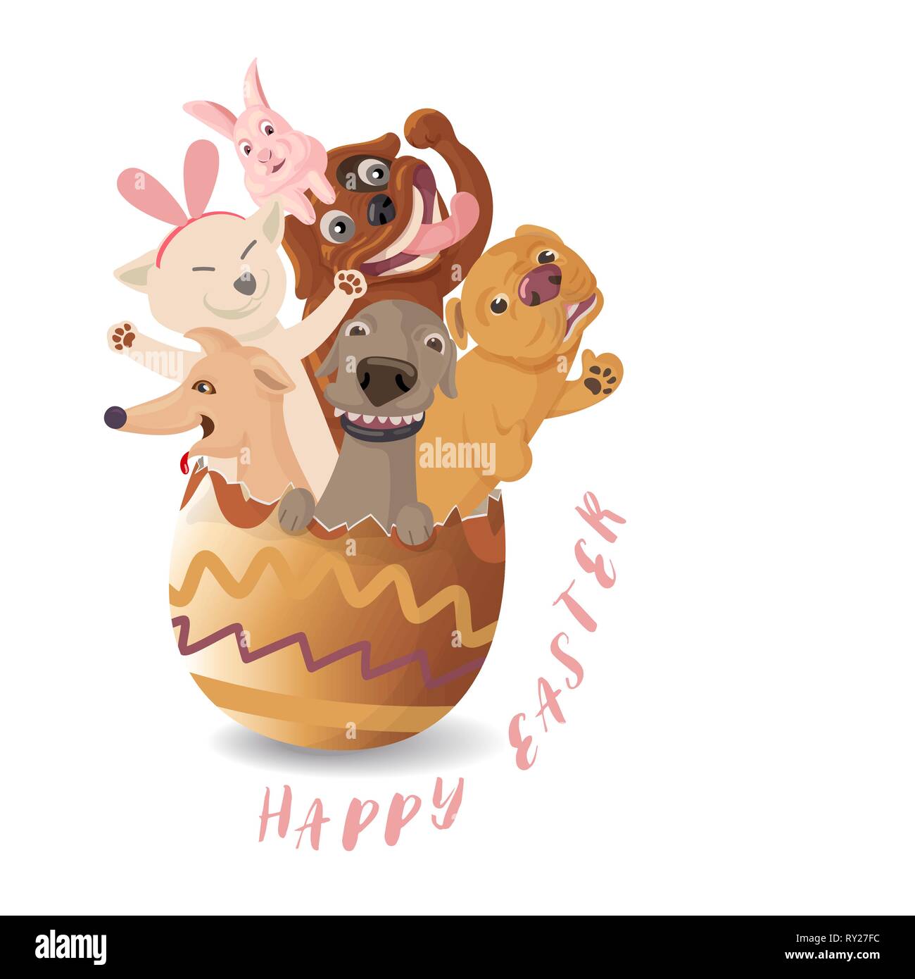 Funny easter, cute cartoon of dogs hatching from easter eggs with pink bunny rabbit on dog head on white background, vector illustration. Stock Vector
