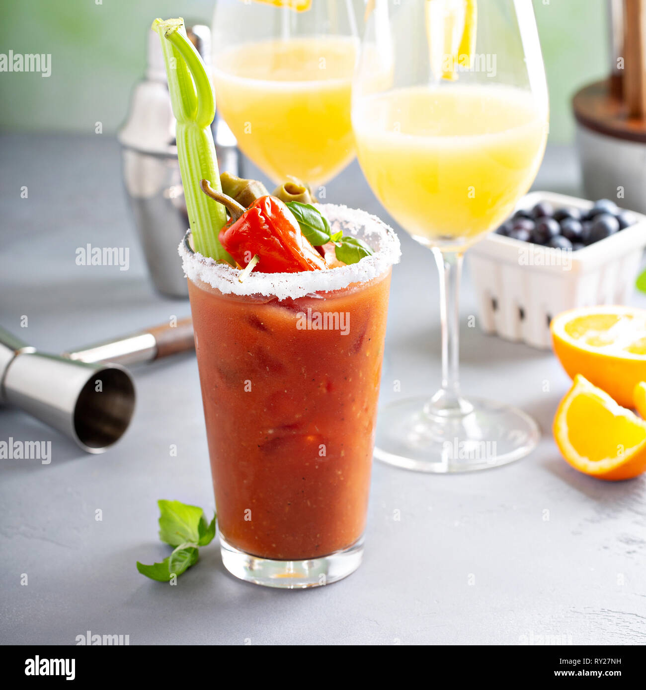 Brunch cocktails with mimosas and bloody mary Stock Photo