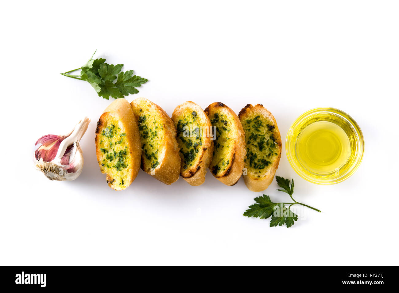 Garlic breads slice with ingredients isolated on white background. Top view Stock Photo