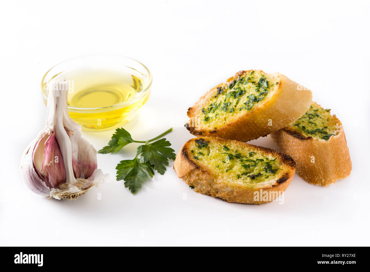 Garlic breads slice with ingredients isolated on white background Stock Photo