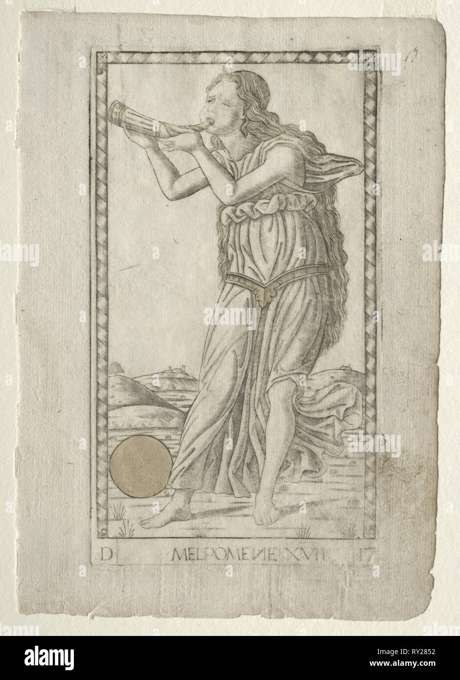 Melpomene (tragedy) (from the Tarocchi series D:  Apollo and the Muses, #17), before 1467. Master of the E-Series Tarocchi (Italian, 15th century). Engraving hand-colored with gold Stock Photo