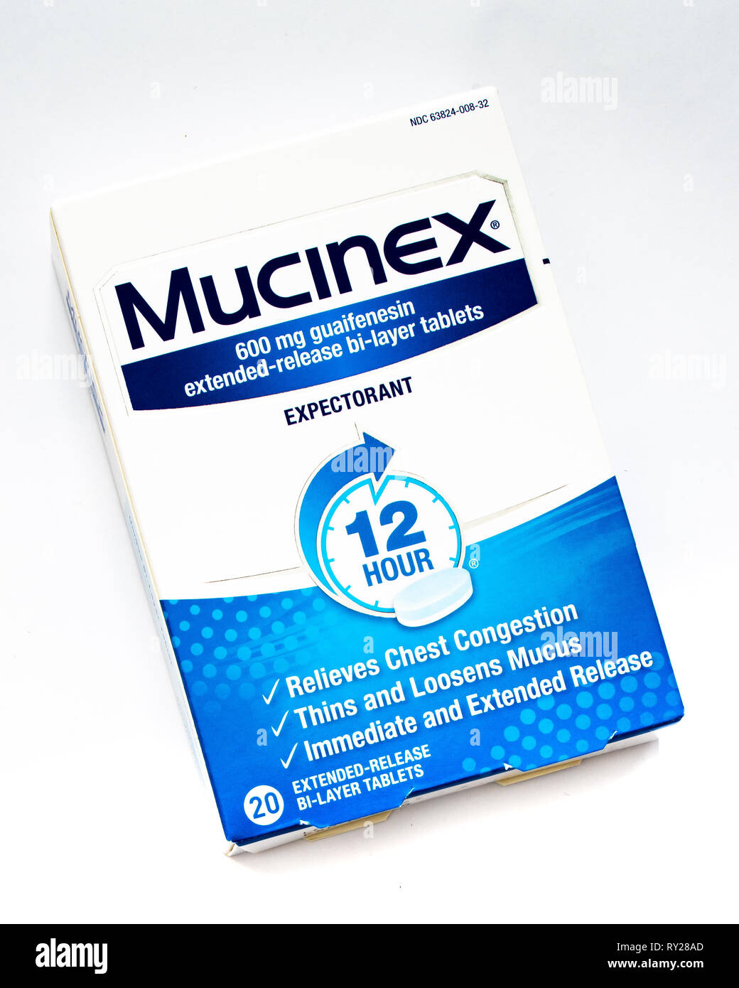 A package of Mucinex extended release bi-layer tablets to relieve chest congestion, thin and loosen mucus. Stock Photo