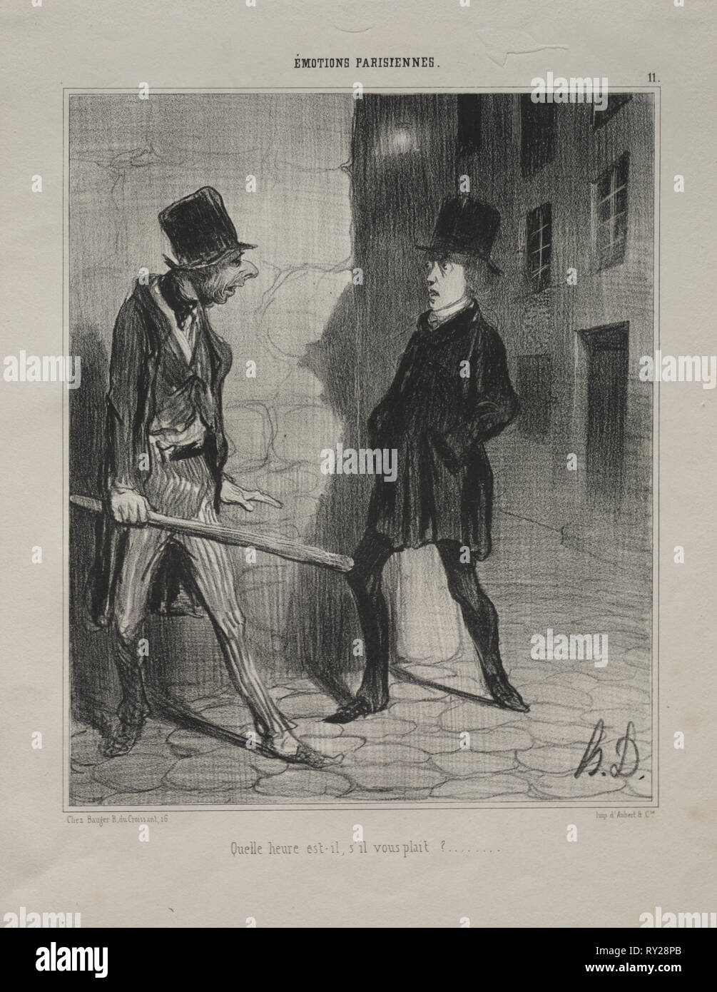 published in le Charivari (no du 24 novembre 1839): Parisian Emotions, plate 11:  What Time is it Please?, 24 November 1839. Honoré Daumier (French, 1808-1879), Aubert. Lithograph; sheet: 34.9 x 25.5 cm (13 3/4 x 10 1/16 in.); image: 24.1 x 19.8 cm (9 1/2 x 7 13/16 in Stock Photo