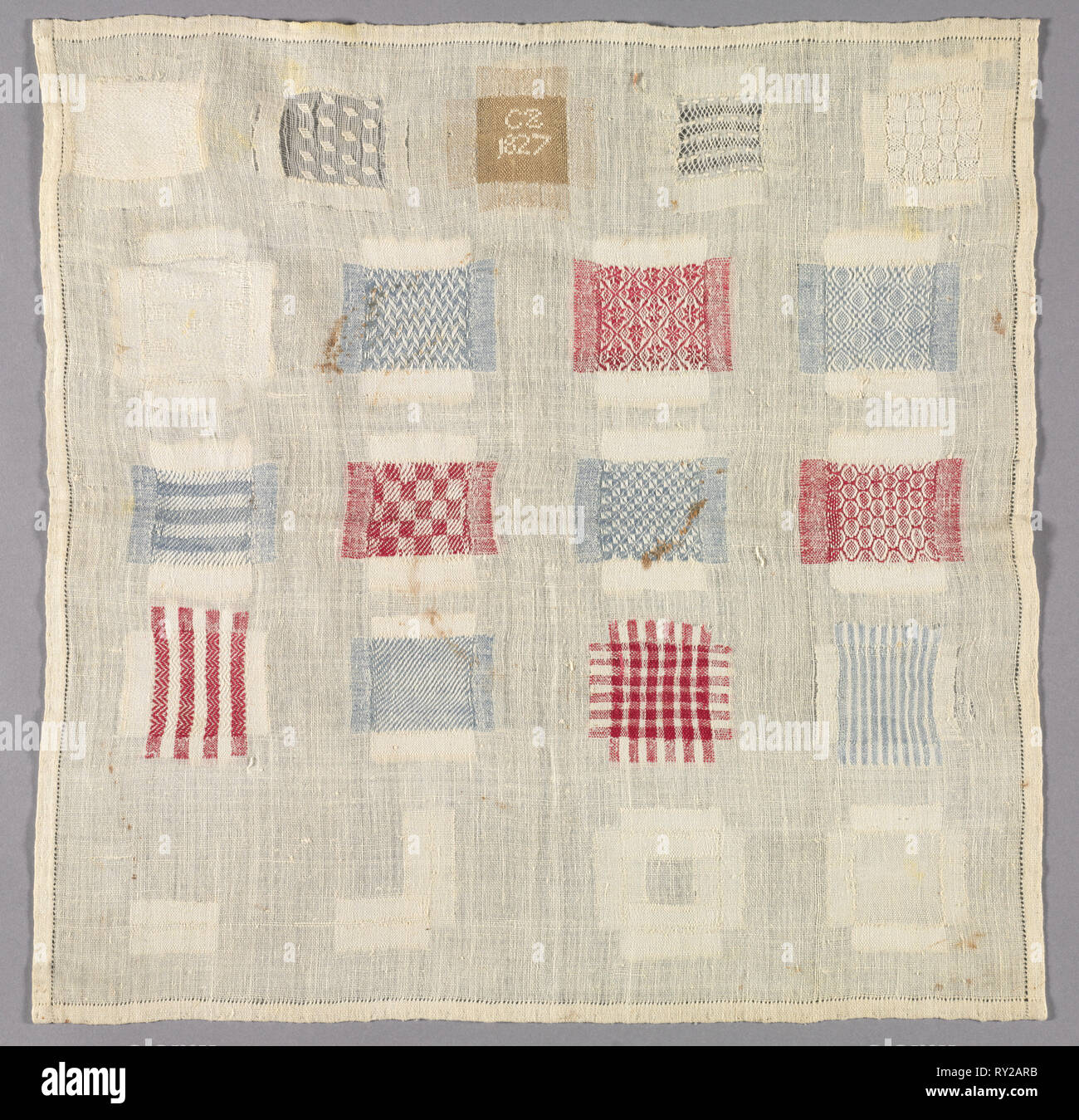 Sampler, 1827. Germany ?, early 19th century. Damask and lace patterns on cotton ground; overall: 43.2 x 43.2 cm (17 x 17 in Stock Photo