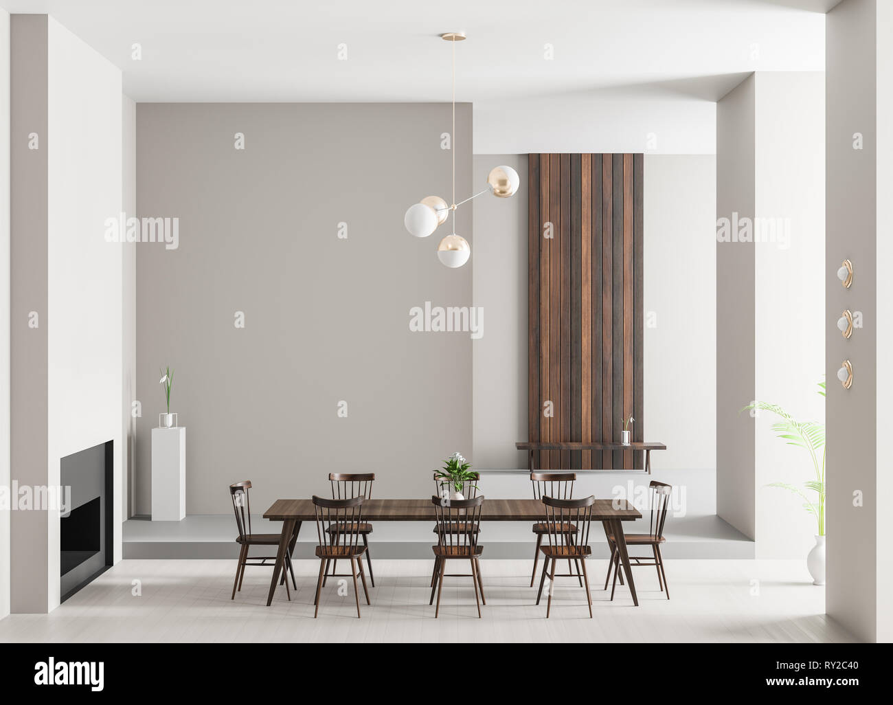 Spacious Luxury Dining Room With Fireplace Minimalist Modern Dining Room Design 3d Illustration Stock Photo Alamy