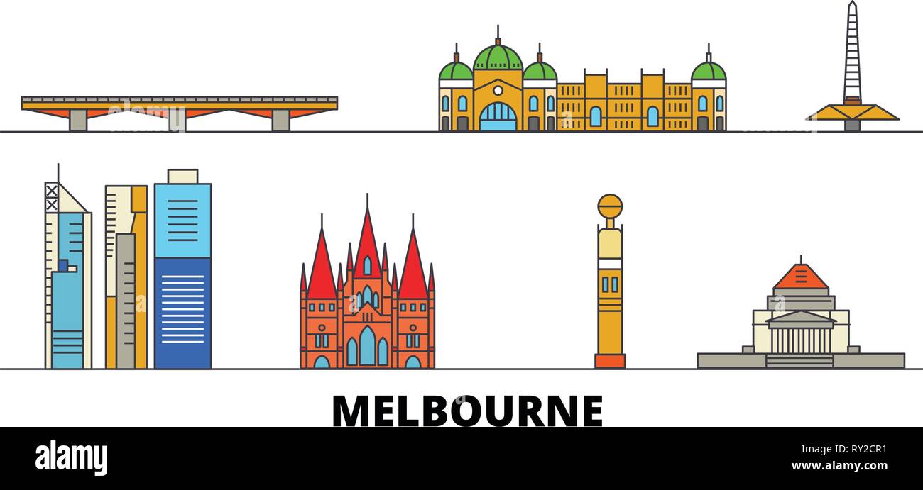 Australia, Melbourne flat landmarks vector illustration. Australia, Melbourne line city with famous travel sights, skyline, design.  Stock Vector