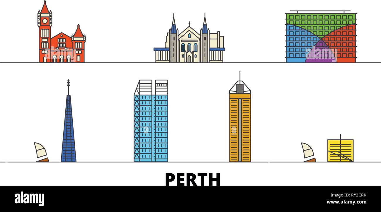 Australia, Perth flat landmarks vector illustration. Australia, Perth line city with famous travel sights, skyline, design.  Stock Vector