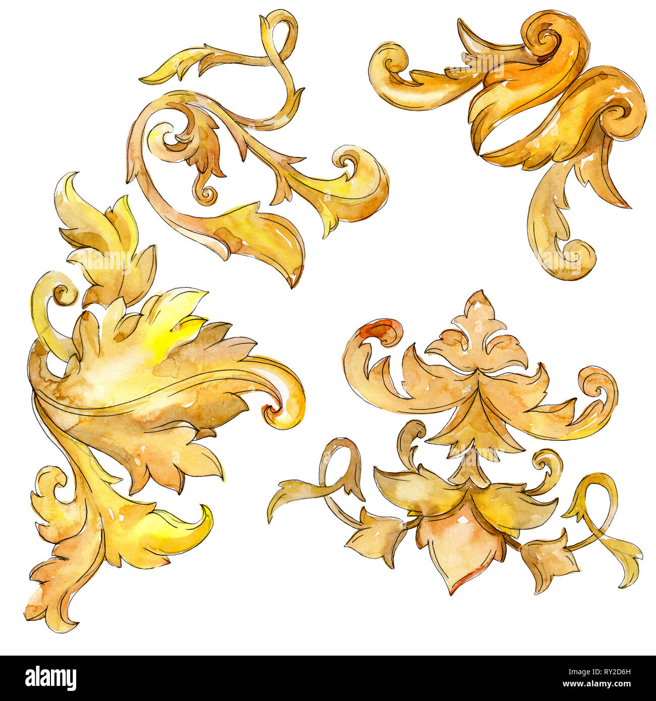 Gold monogram floral ornament. Baroque design isolated elements. Watercolor  background illustration set Stock Photo - Alamy