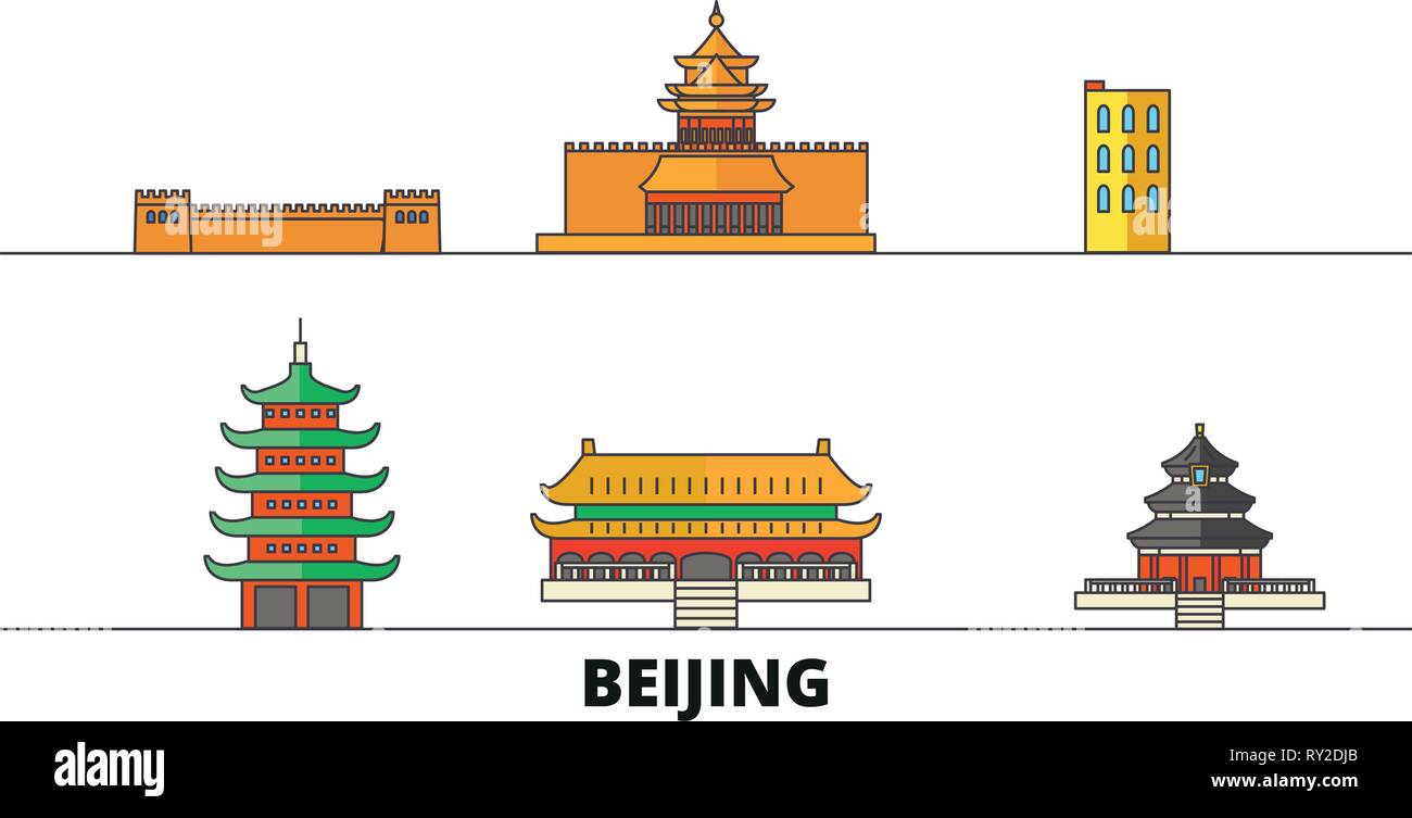China, Beijing flat landmarks vector illustration. China, Beijing line city with famous travel sights, skyline, design.  Stock Vector