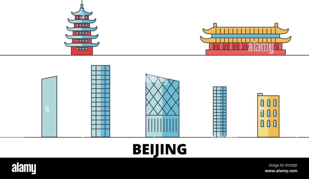 China, Beijing City flat landmarks vector illustration. China, Beijing City line city with famous travel sights, skyline, design.  Stock Vector