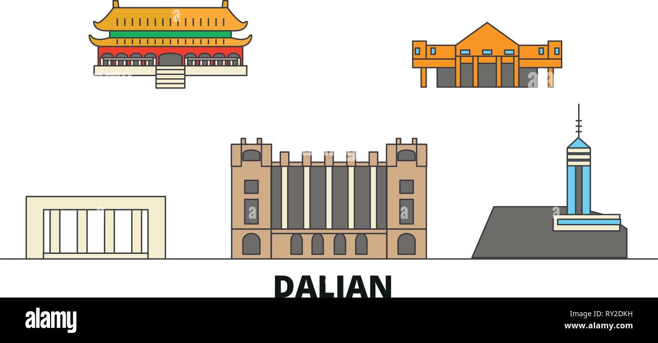 China, Dalian flat landmarks vector illustration. China, Dalian line city with famous travel sights, skyline, design.  Stock Vector