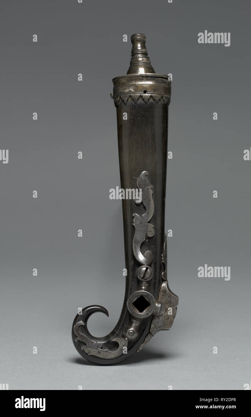 Combined Priming Flask and Wheel-Lock Spanner, c. 1600-1650. Germany or Austria, first half of 17th Century. Horn with brass and steel mounts; overall: 18.1 x 5.7 cm (7 1/8 x 2 1/4 in Stock Photo