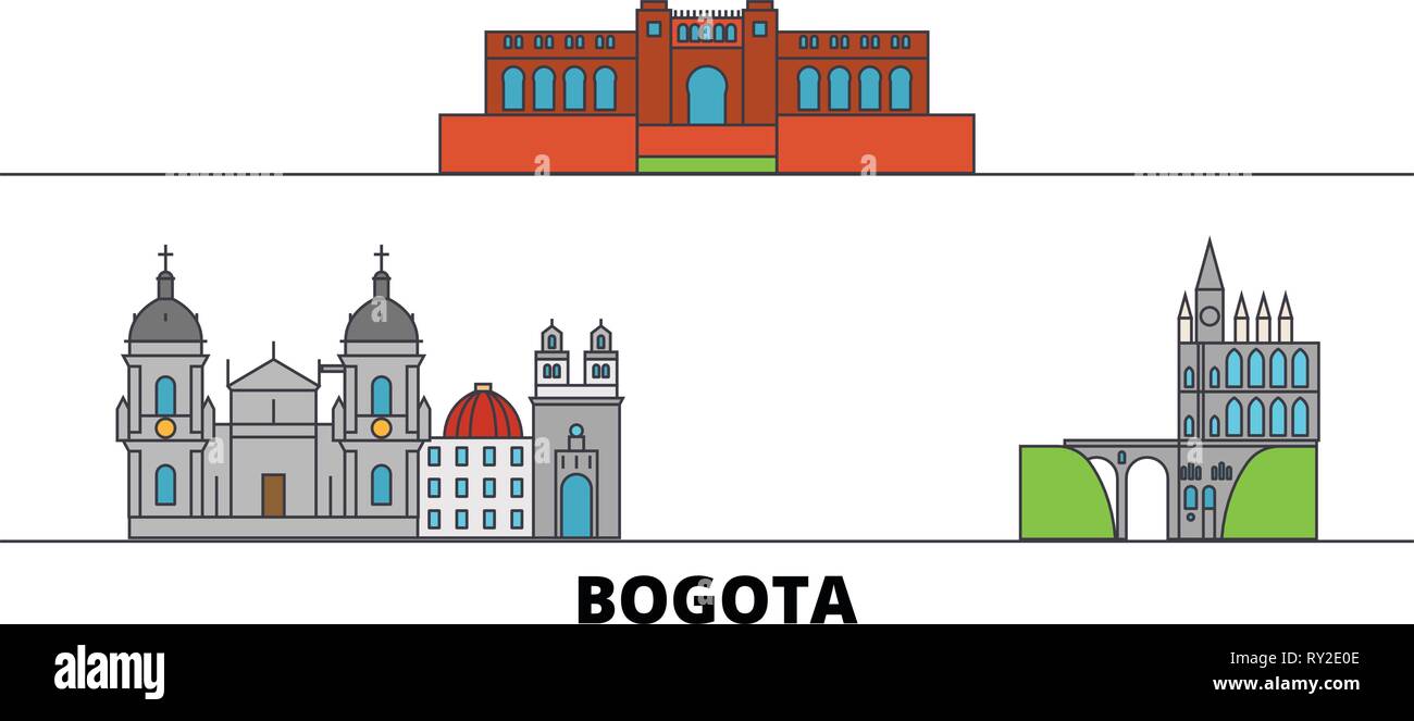 Colombia, Bogota flat landmarks vector illustration. Colombia, Bogota line city with famous travel sights, skyline, design.  Stock Vector