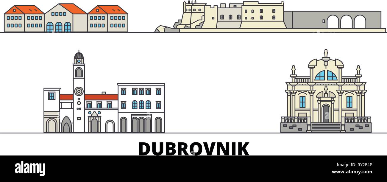 Croatia, Dubrovnik flat landmarks vector illustration. Croatia, Dubrovnik line city with famous travel sights, skyline, design.  Stock Vector