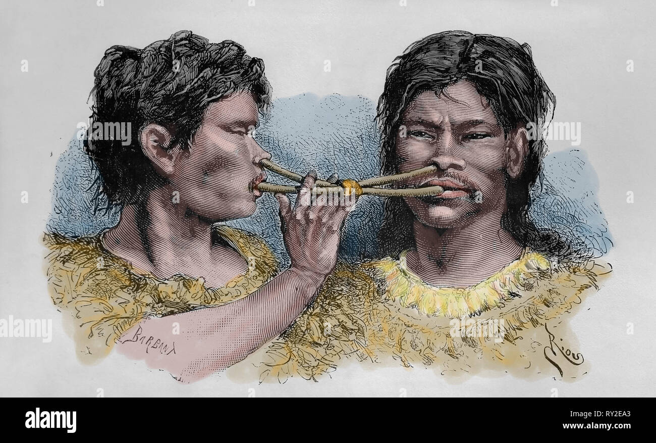 America. Colombia. Witote people inhaling snuff. Engraving, 19th c. Stock Photo