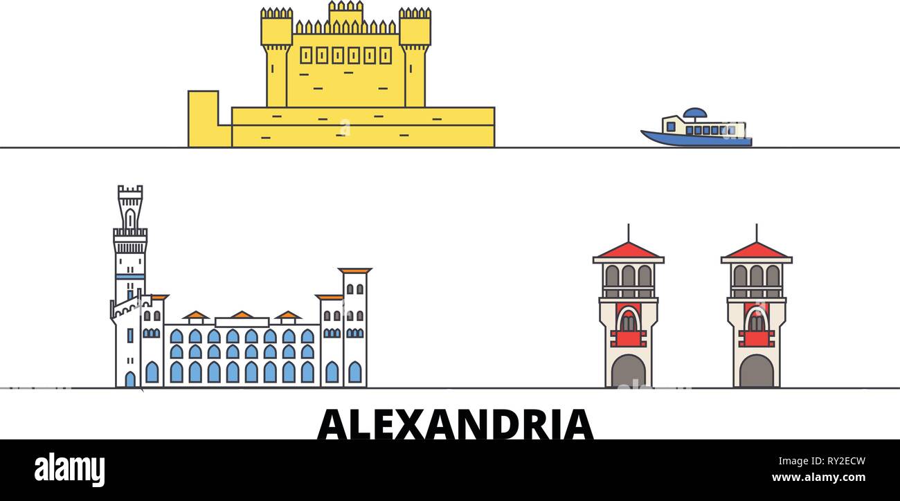 Egypt, Alexandria flat landmarks vector illustration. Egypt, Alexandria line city with famous travel sights, skyline, design.  Stock Vector