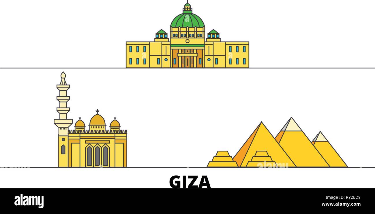 Egypt, Giza flat landmarks vector illustration. Egypt, Giza line city with famous travel sights, skyline, design.  Stock Vector