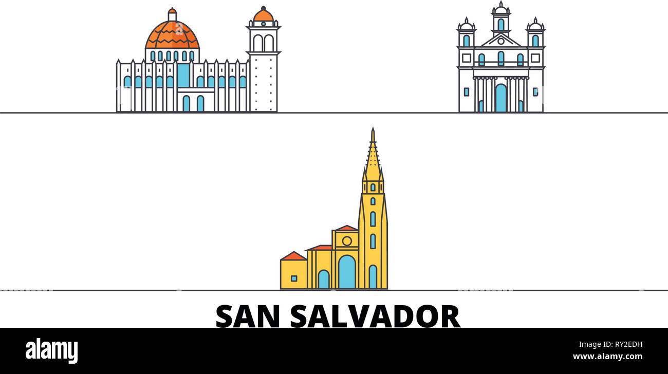 El Salvador, San Salvador flat landmarks vector illustration. El Salvador, San Salvador line city with famous travel sights, skyline, design.  Stock Vector