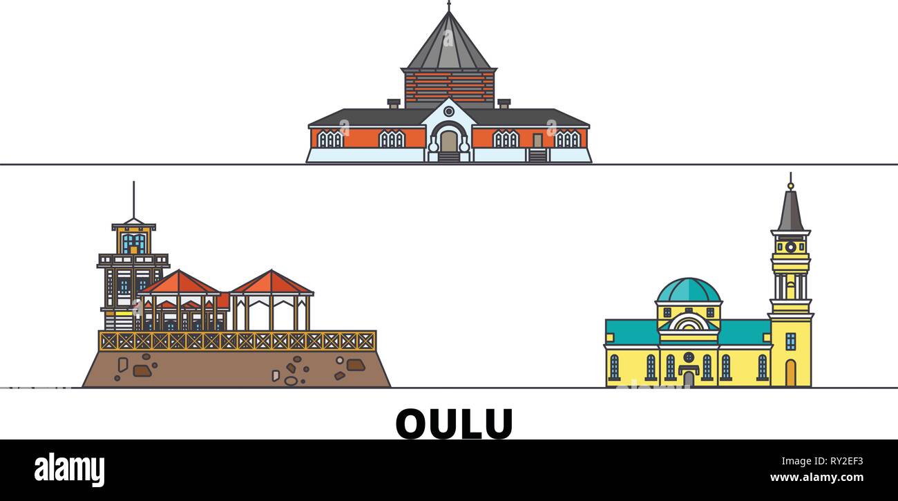 Finland, Oulu flat landmarks vector illustration. Finland, Oulu line city with famous travel sights, skyline, design.  Stock Vector