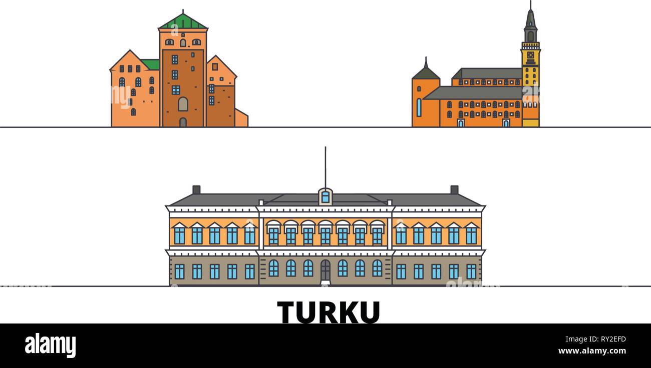 Finland, Turku flat landmarks vector illustration. Finland, Turku line city with famous travel sights, skyline, design.  Stock Vector
