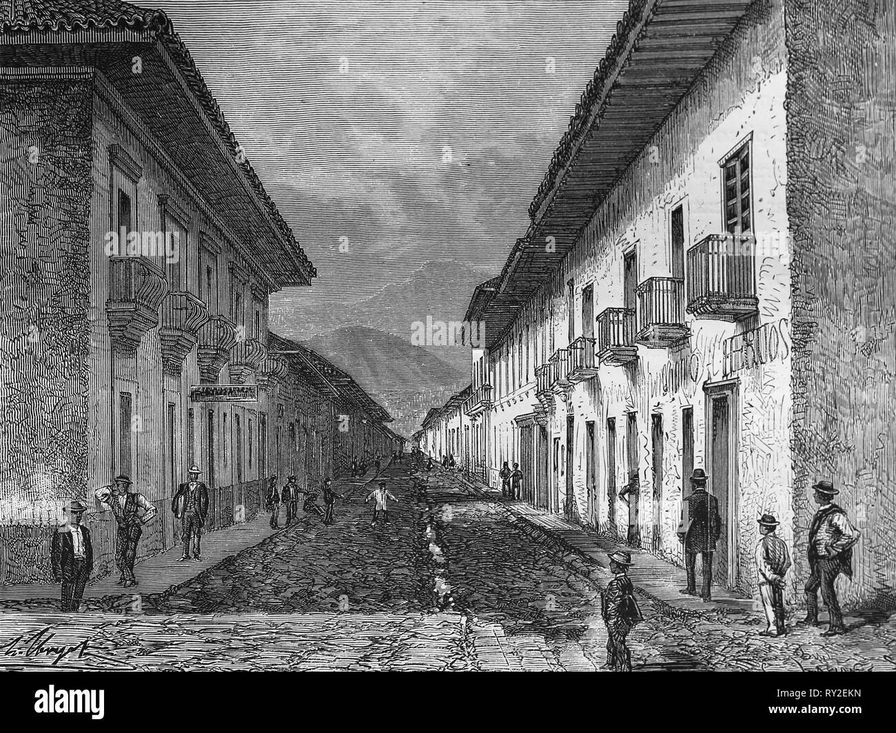 America equonoccial. Colombia. Cauca. Street of Cali. Engraving, 19th century. Stock Photo
