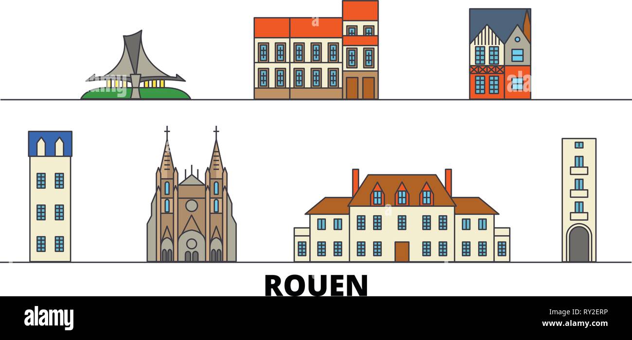 France, Rouen flat landmarks vector illustration. France, Rouen line city with famous travel sights, skyline, design.  Stock Vector
