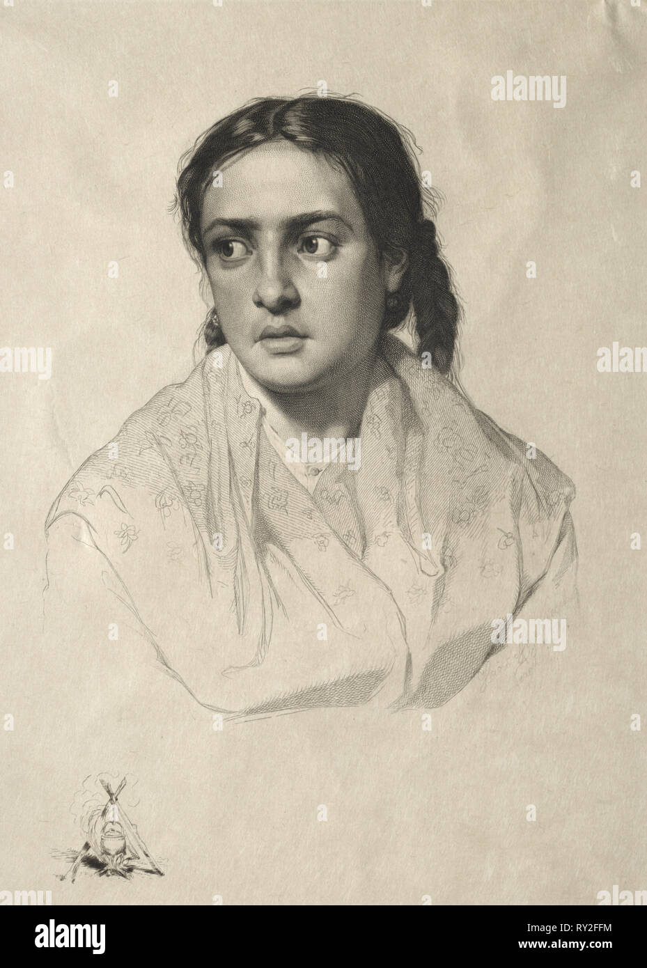 Head of a Girl, 1870. Hans Meyer (German, 1846-1919). Engraving Stock Photo