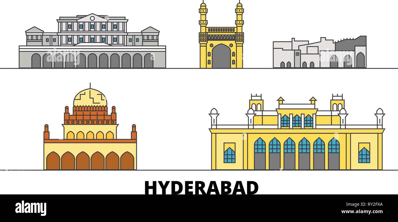 India, Hyderabad flat landmarks vector illustration. India, Hyderabad line city with famous travel sights, skyline, design.  Stock Vector