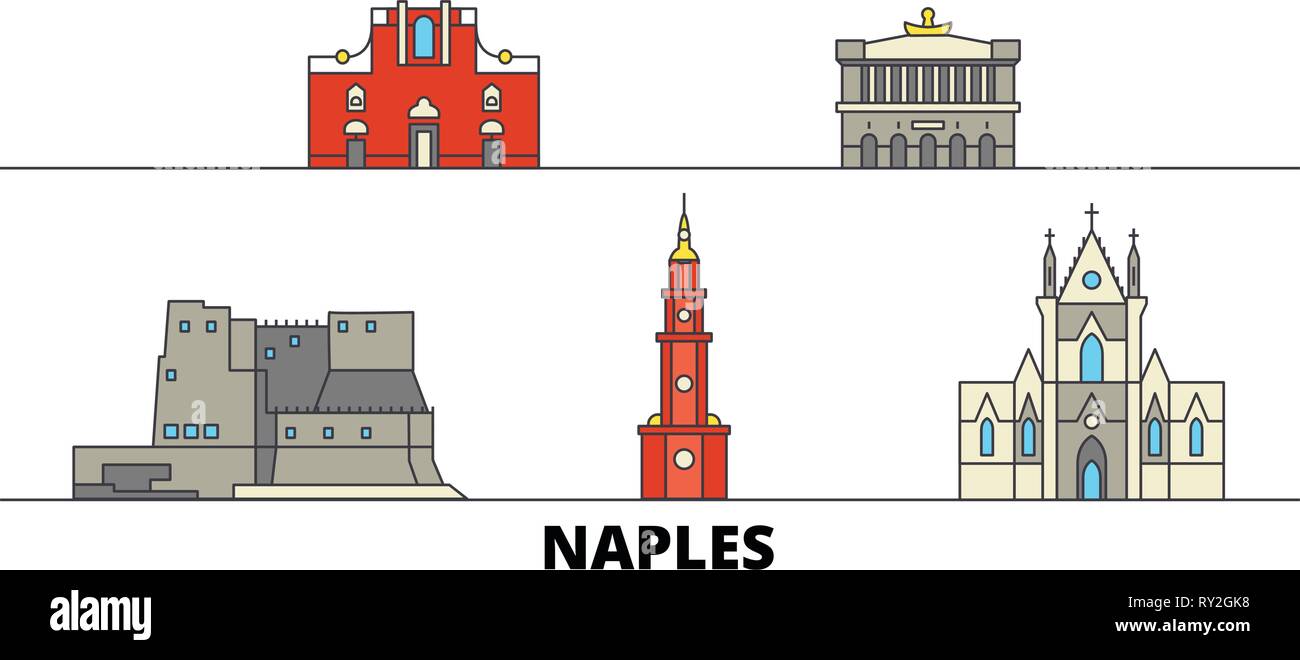 Italy, Naples flat landmarks vector illustration. Italy, Naples line city with famous travel sights, skyline, design.  Stock Vector