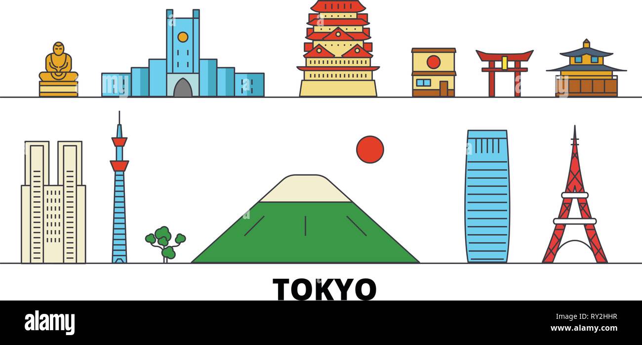Japan, Tokyo flat landmarks vector illustration. Japan, Tokyo line city with famous travel sights, skyline, design.  Stock Vector