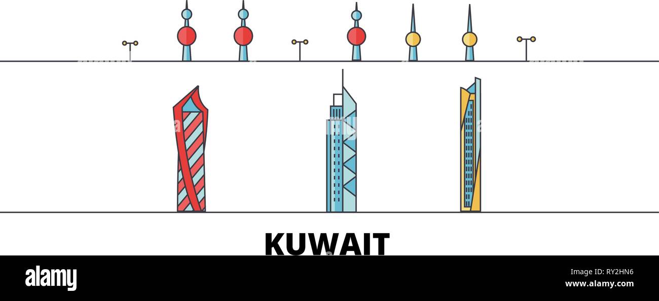 Kuwait, Kuwait flat landmarks vector illustration. Kuwait, Kuwait line city with famous travel sights, skyline, design.  Stock Vector