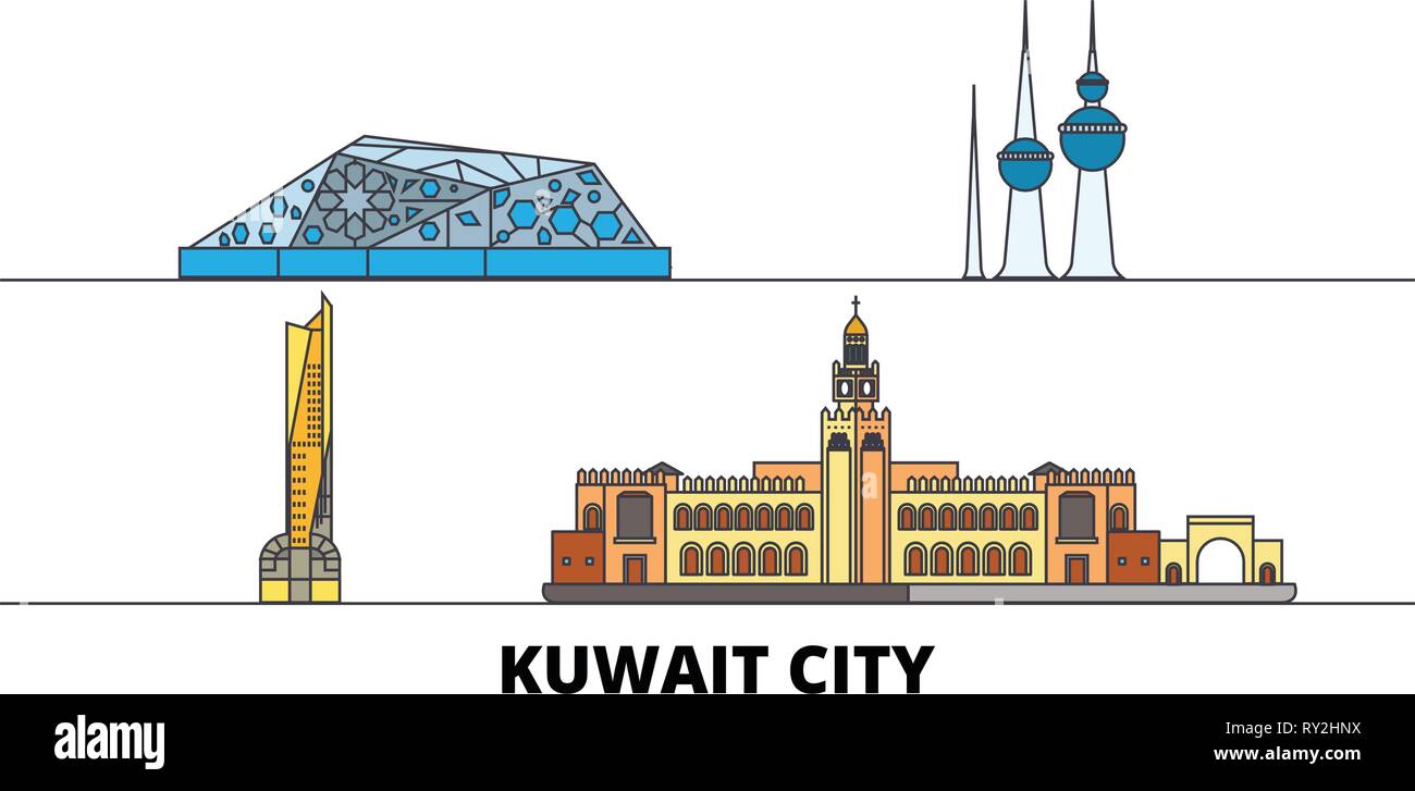 Kuwait, Kuwait City flat landmarks vector illustration. Kuwait, Kuwait City line city with famous travel sights, skyline, design.  Stock Vector