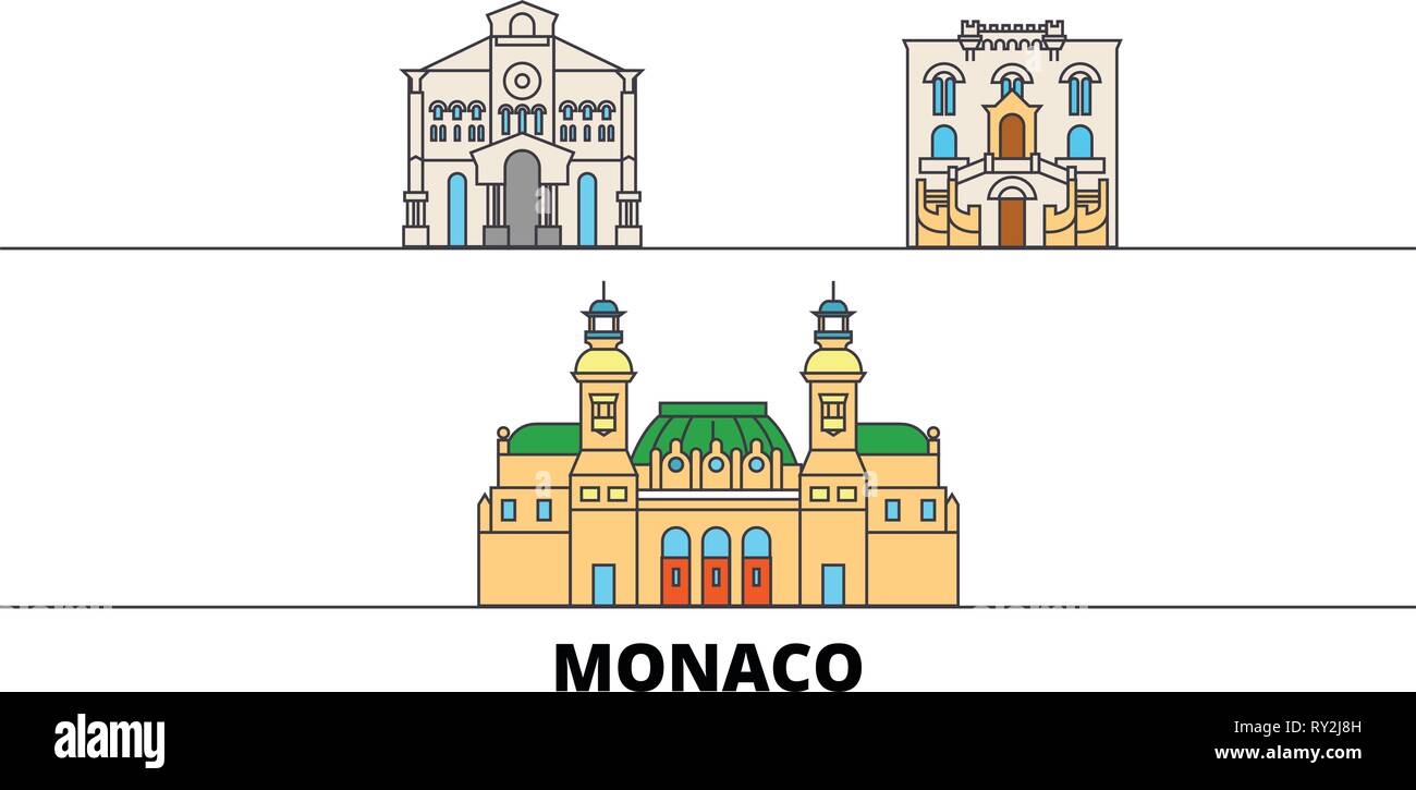 Monaco flat landmarks vector illustration. Monaco line city with famous travel sights, skyline, design.  Stock Vector