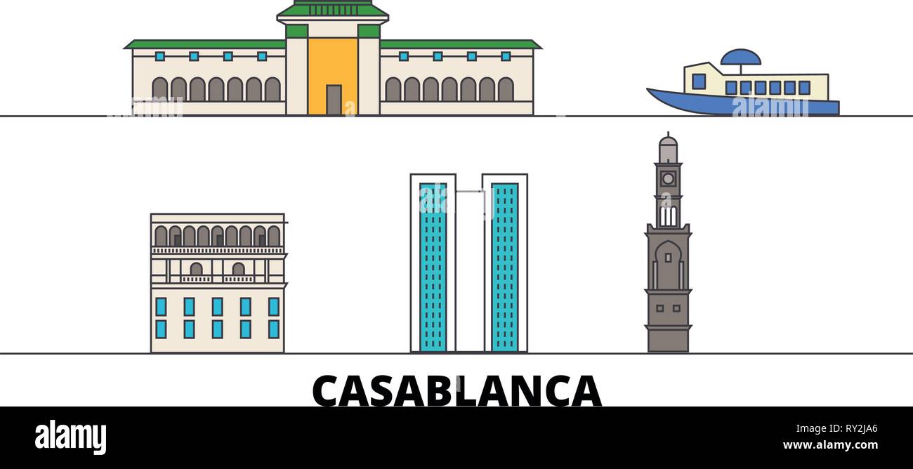 Morocco, Casablanca flat landmarks vector illustration. Morocco, Casablanca line city with famous travel sights, skyline, design.  Stock Vector