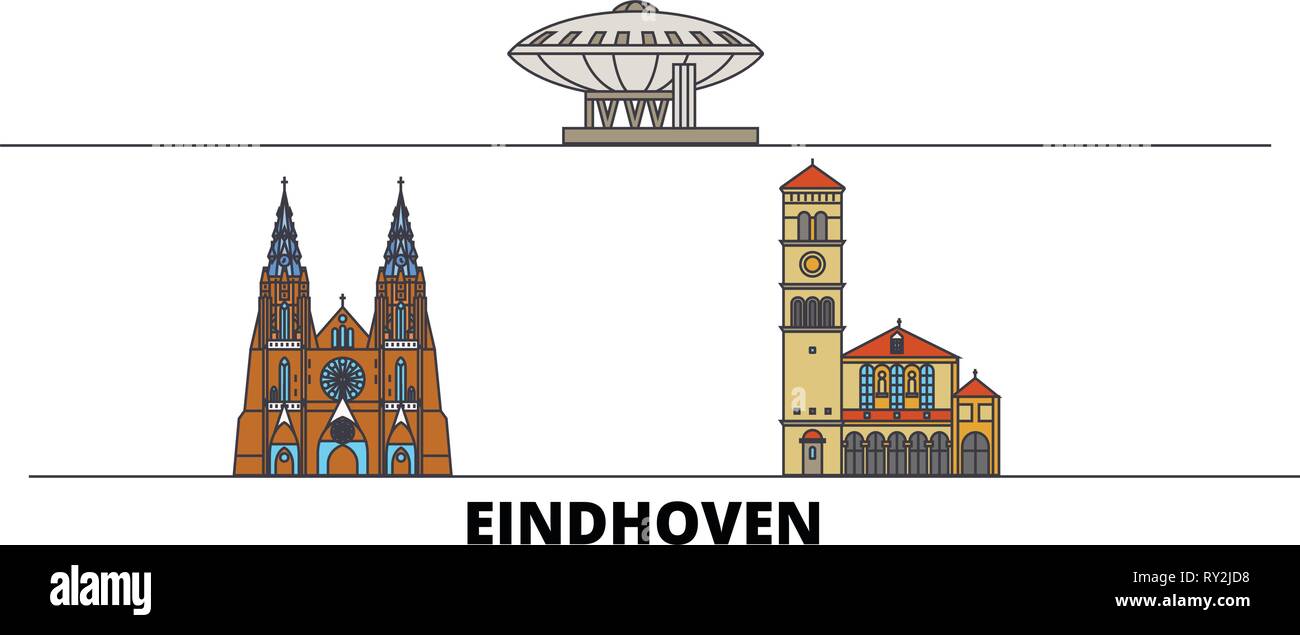 Netherlands, Eindhoven flat landmarks vector illustration. Netherlands, Eindhoven line city with famous travel sights, skyline, design.  Stock Vector